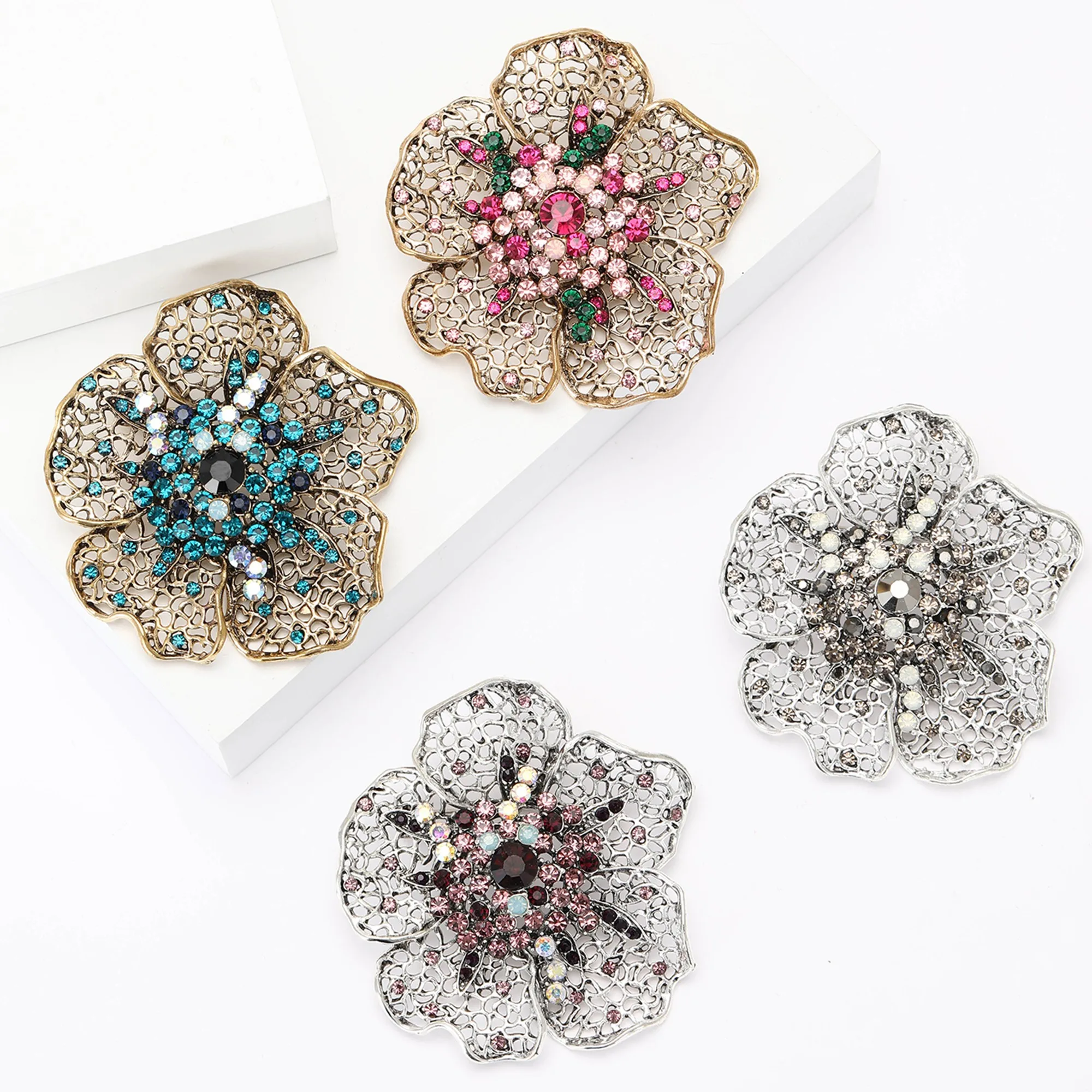 Rhinestone Heavy Duty Hollow Flower Brooch for Women Unisex Enamel Botanical Pins Office Party Friend Gifts Jewelry Accessories