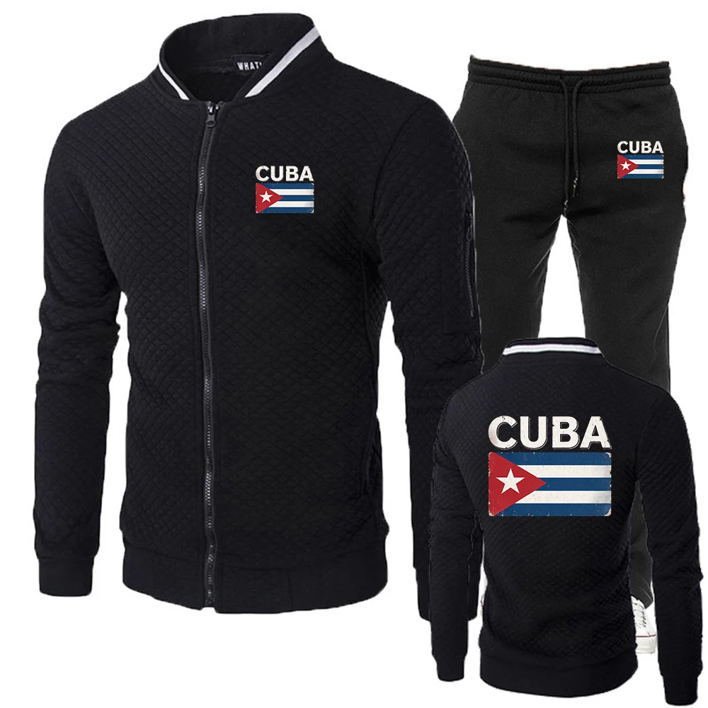 Cuba Flag Logo Print 2026 Spring And Autumn Popular Brand Solid Color Suit Man's Fashion Slim Sports Hoodies+Long Pants Suits