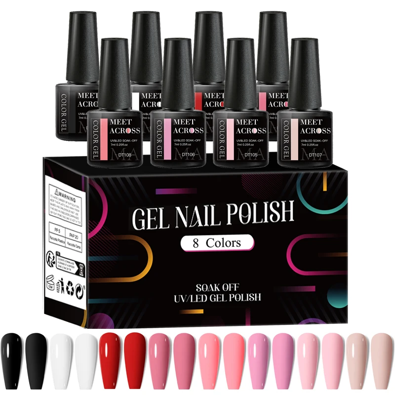 MEET ACROSS 8pcs Gel Nail Polish Set Nude Pink Nail Art Soak Off UV LED Gel Polish Kit For Home Salon Manicure DIY Varnishes