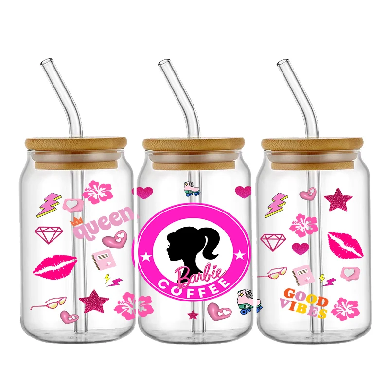 Miniso Barbie Cartoon 16OZ UV DTF Cup Wrap Transfer Sticker Custom Labels DIY Waterproof Logo For Libbey Glass Can