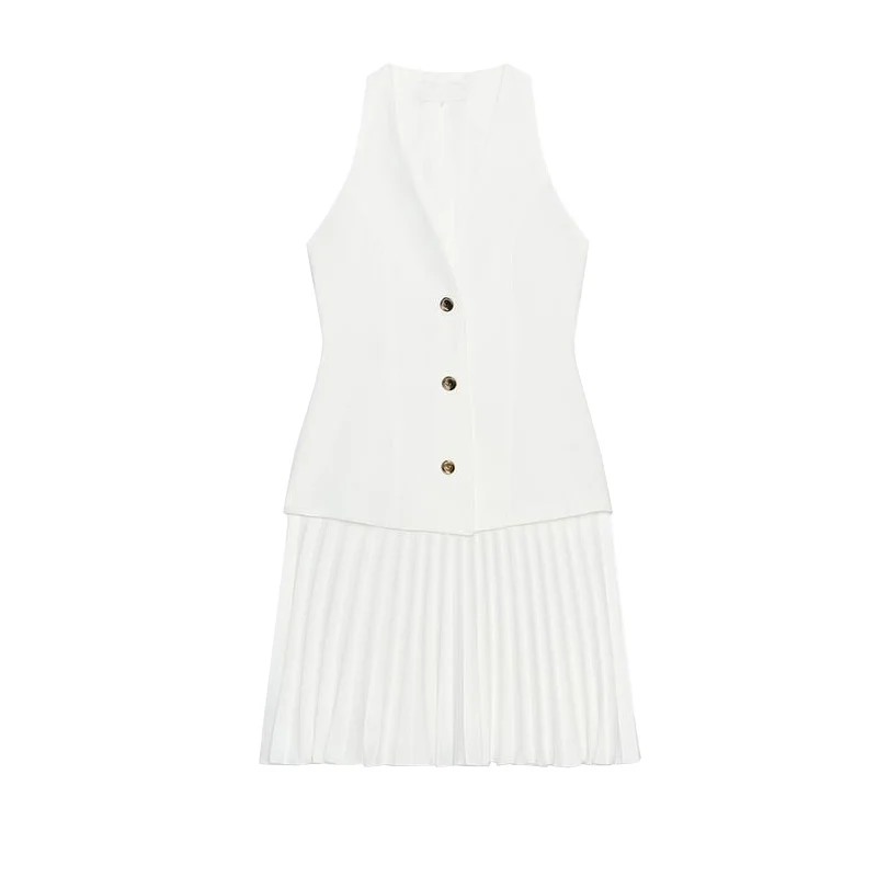 กระโปรงพลีททรงเอเข้ารูปเอวสูงผ้าโพลีเอสเตอร์สำหรับผู้หญิงฤดูร้อน ติดกระดุมเม็ดเดียว คอวี