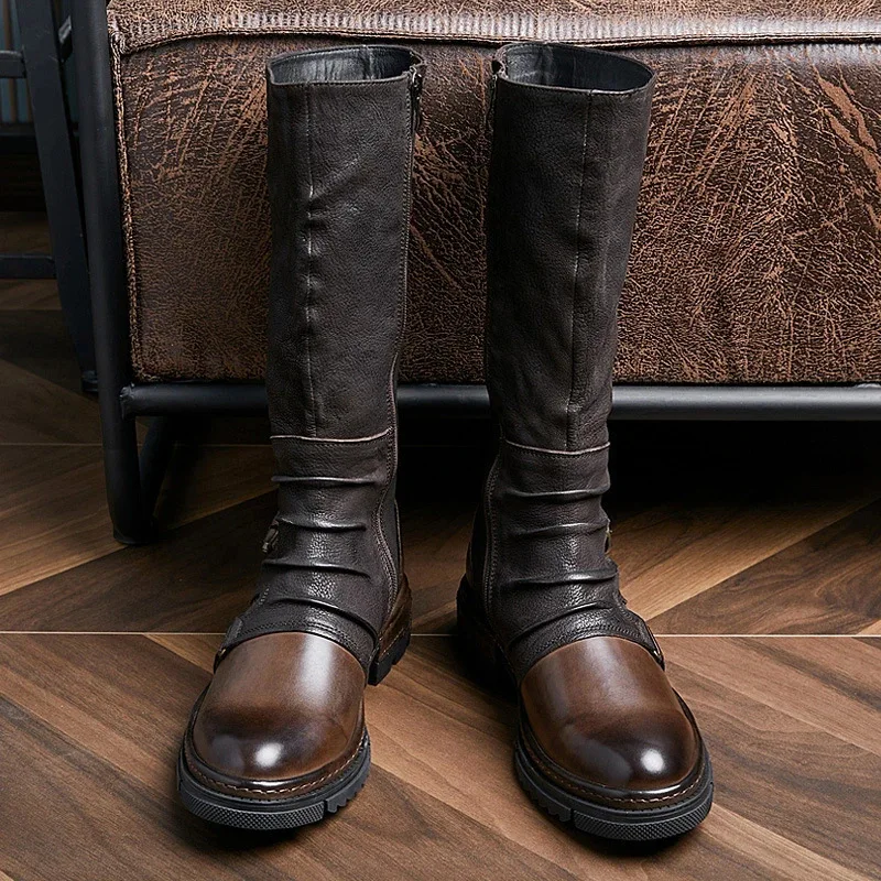 Men's Vintage Brown Leather Knee-High Boots Buckle Combat Boots Side Zipper Thick Sole Motorcycle Footwear