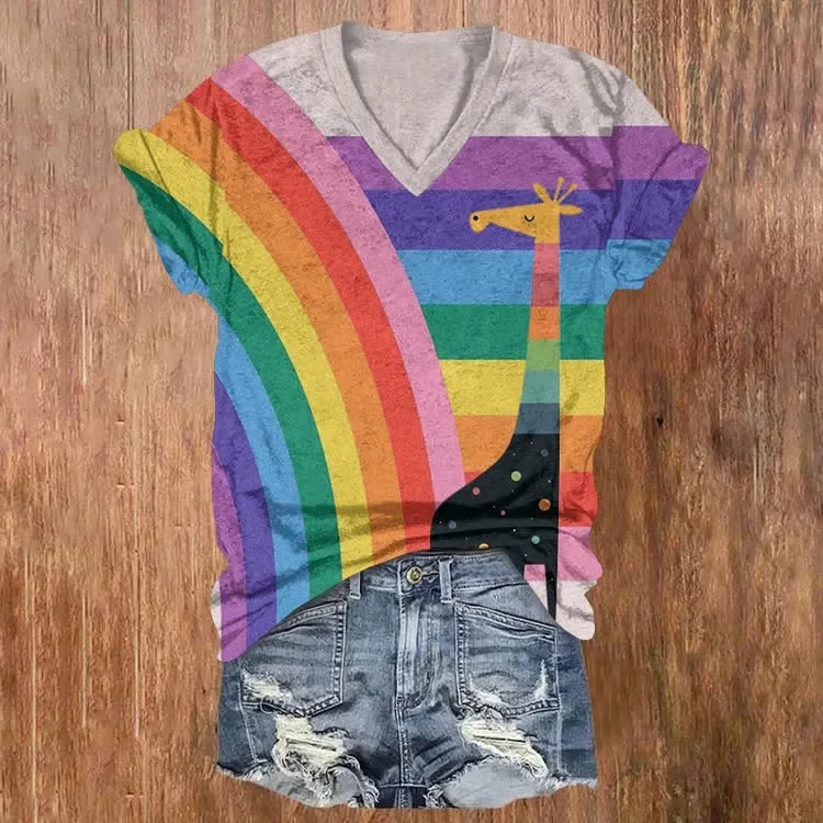 Rainbow And Paws Pattern Print Short Sleeved V-Neck T-Shirt Summer Women's T Shirts