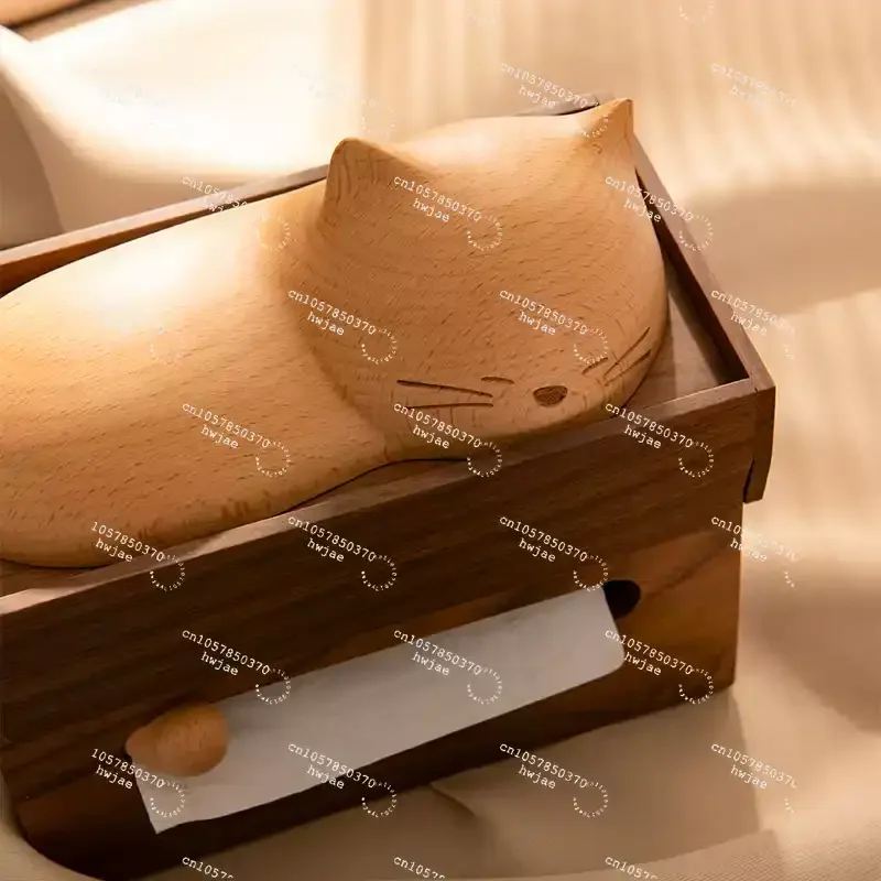 Black Walnut Solid Wood Tissue Box Creative Cat Pattern Light Luxury Napkin Box for Living Room & Dining Table