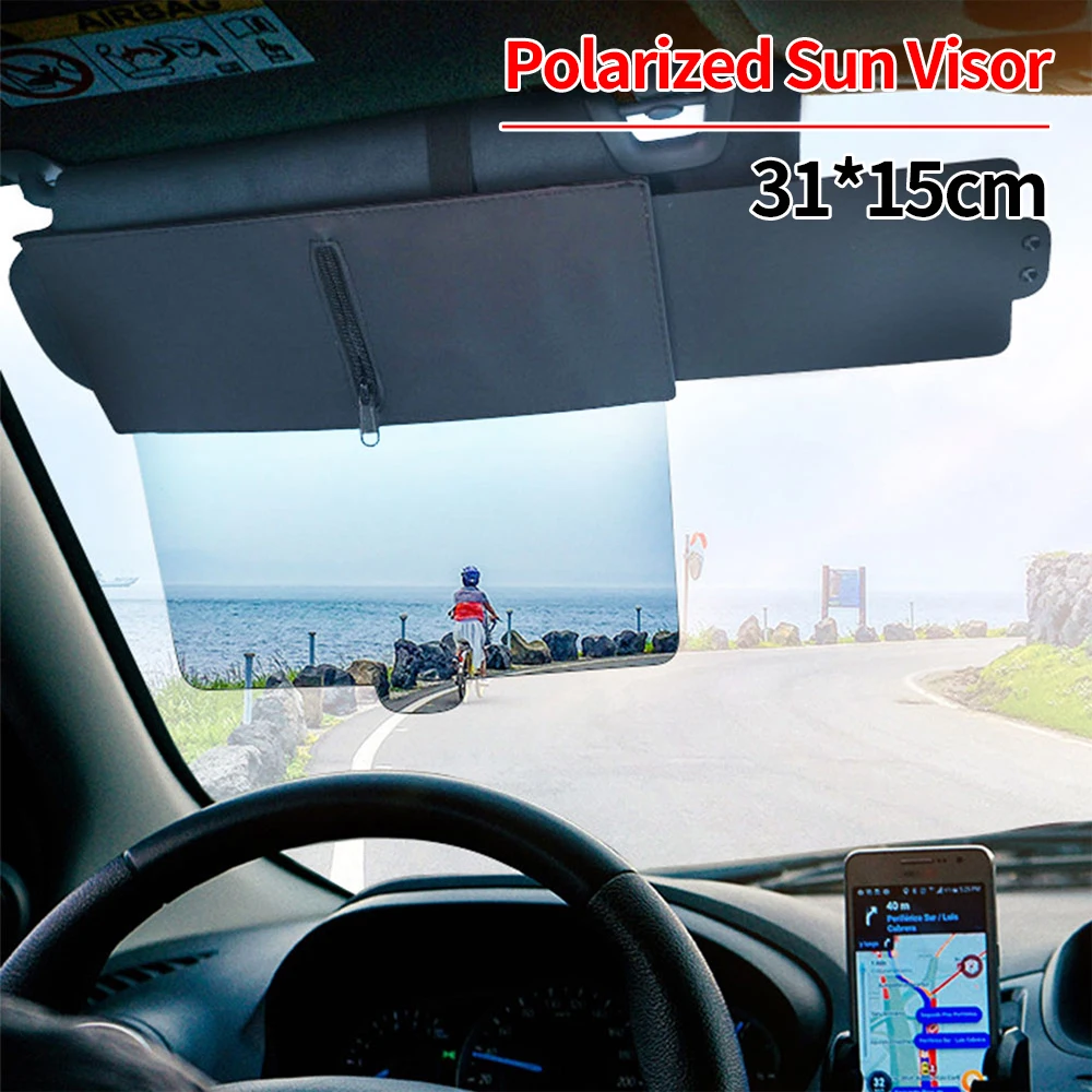 Polarized Sun Visor with Zipper Slider Car Sun Visor Extension with PC Lens and Side Sunshade Anti-Glare Car Visor for Most Cars