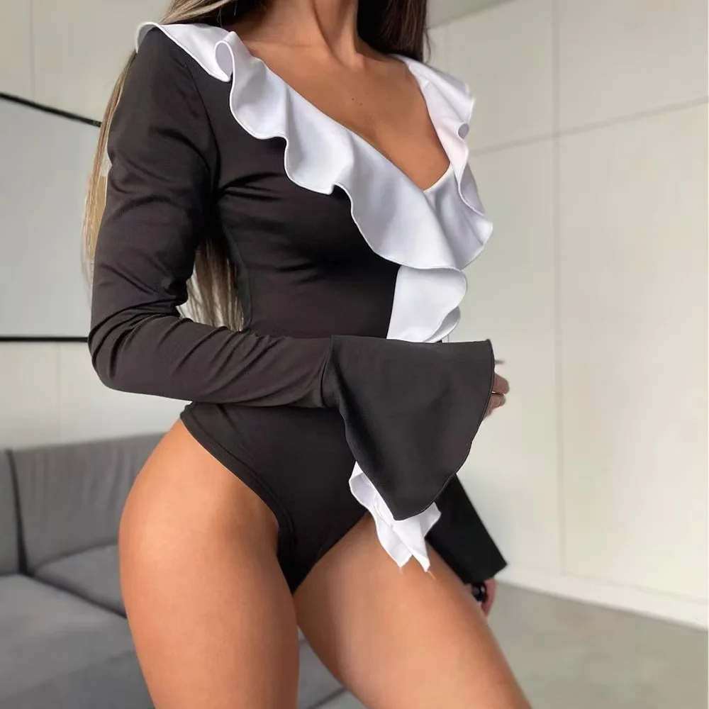 새로운 V넥 롱 점프수트 타이트한 엉덩이라인 강조 바지 러플 장식 하이웨이스트 롱 폴리에스터 원단 출퇴근룩