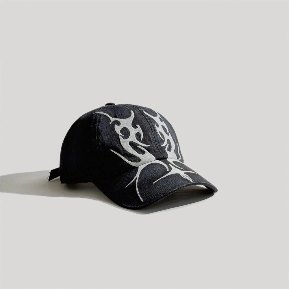 Washed and distressed flame thorn embroidery baseball cap - American retro style-suitable for music festival street photography.
