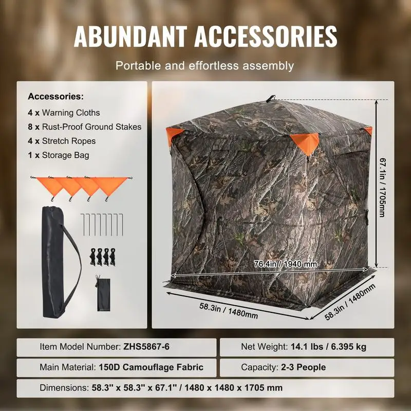 Transparent Ground Shelter 58"x58"x66" For Deer Hunting Turkey Hunting Archery, 270 Degree One-Way Vision 3 Horizontal Windows Pop Up Structure Carrying Bag Portable Mesh Design 2-3 Person Capacity Resilience Fabric Outdoor Observation Hidden Tent view 8