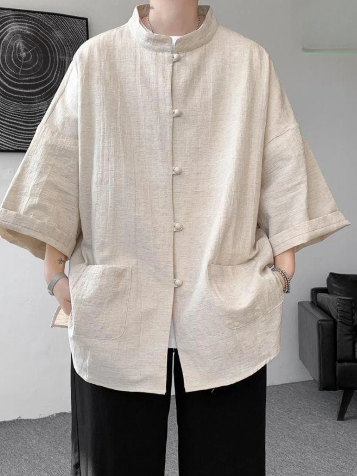 

Extra Large 300 Pounds New Chinese Style Short Sleeve Men's Summer Shirt Hanfu Outerwear Zhongshan Tang Costume Ma qua