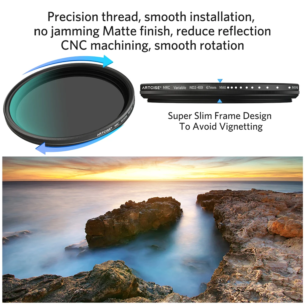 ARTCISE MC ND Filter Variable ND Fader Adjustable ND2 to ND400 Neutral Density Camera Lens Filter 58mm 62mm 67mm 72mm 77mm 82mm