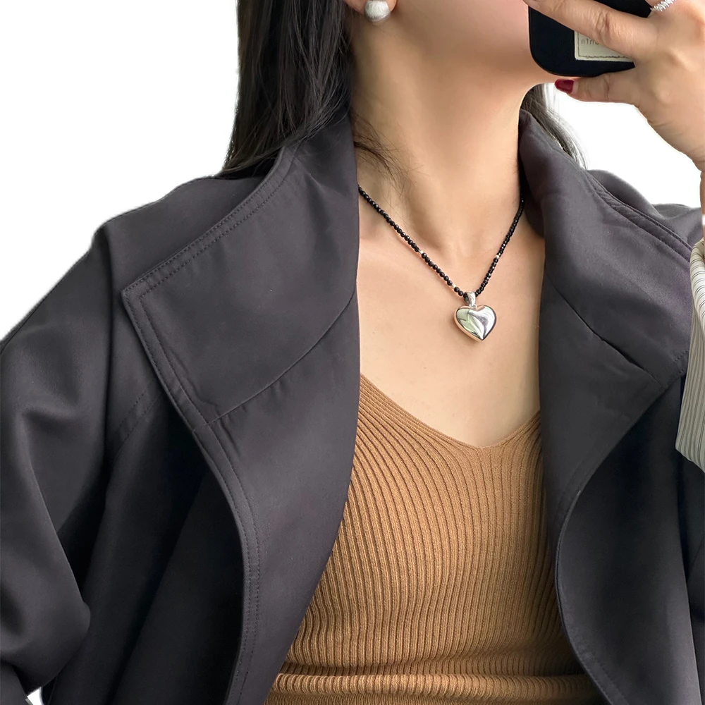

Heart Shaped Necklace 925 Silver Long Hoodie Chain Korean Simple Accessories High-End Feeling Stacking Chinese Made