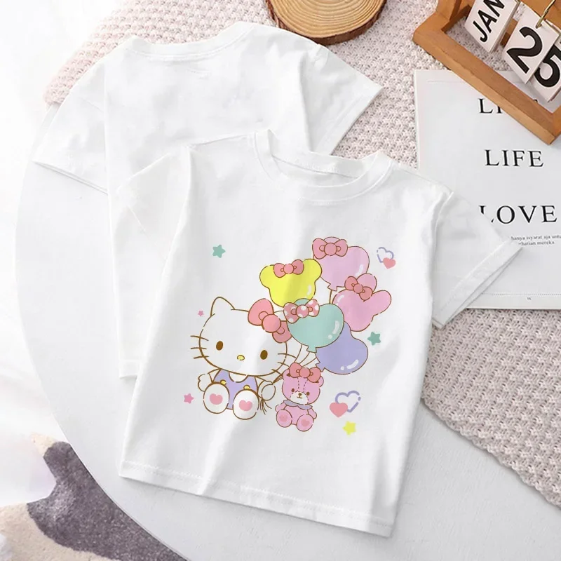 Hello Kitty Balloon Children T-shirt Y2k Kawaii Sanrio Kuromi Melody Anime T Shirts Cartoons Kid Girl Boy Hip Hop Casual Clothes