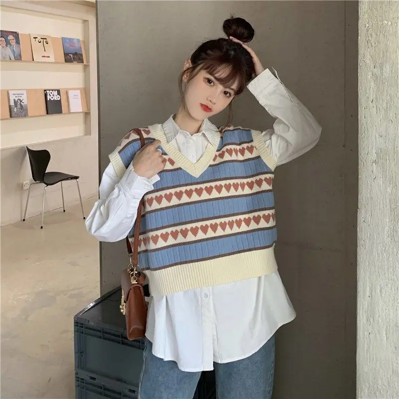 Knitted Sweater Vests Women Korean Style Loose Heart Printed Vintage Students\' Striped Sleeveless Sweaters All-match Lovely Fall