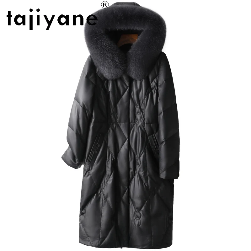 TAJIYANE 100 % erstklassiger Schaffell-Daunenmantel für Damen, schwarz, echtes Leder, lange Pufferjacke, Fuchspelzkragen, 2025, Winterkleidung