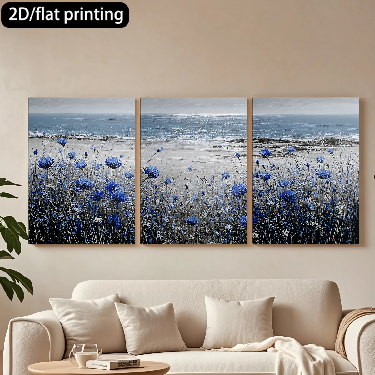 

2D flat printing 3pc wooden frame canvas decorative painting Blue flowers, seashore, serene scene.Corridor bedroom decoration
