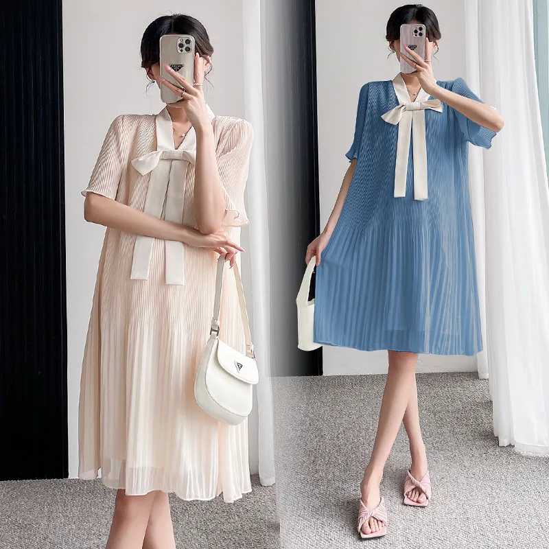 

Maternity Dress Summer Bow V-neck Stitching A Line Loose Pregnant Women Clothes Chiffon Pleated Pregnancy Dresses