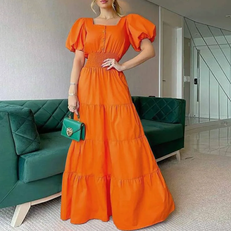 2024 Summer Ladies Dress Summer Sunskirt Square Neck Bubble Sleeve Long Dress Casual Beach Dress