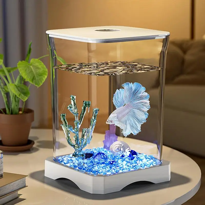 Betta Aquarium Tank 4K HD Desk Fish Tank Fish Bowl Small Aquarium Ornamental Aquarium Starter with LED Light for Home Offices