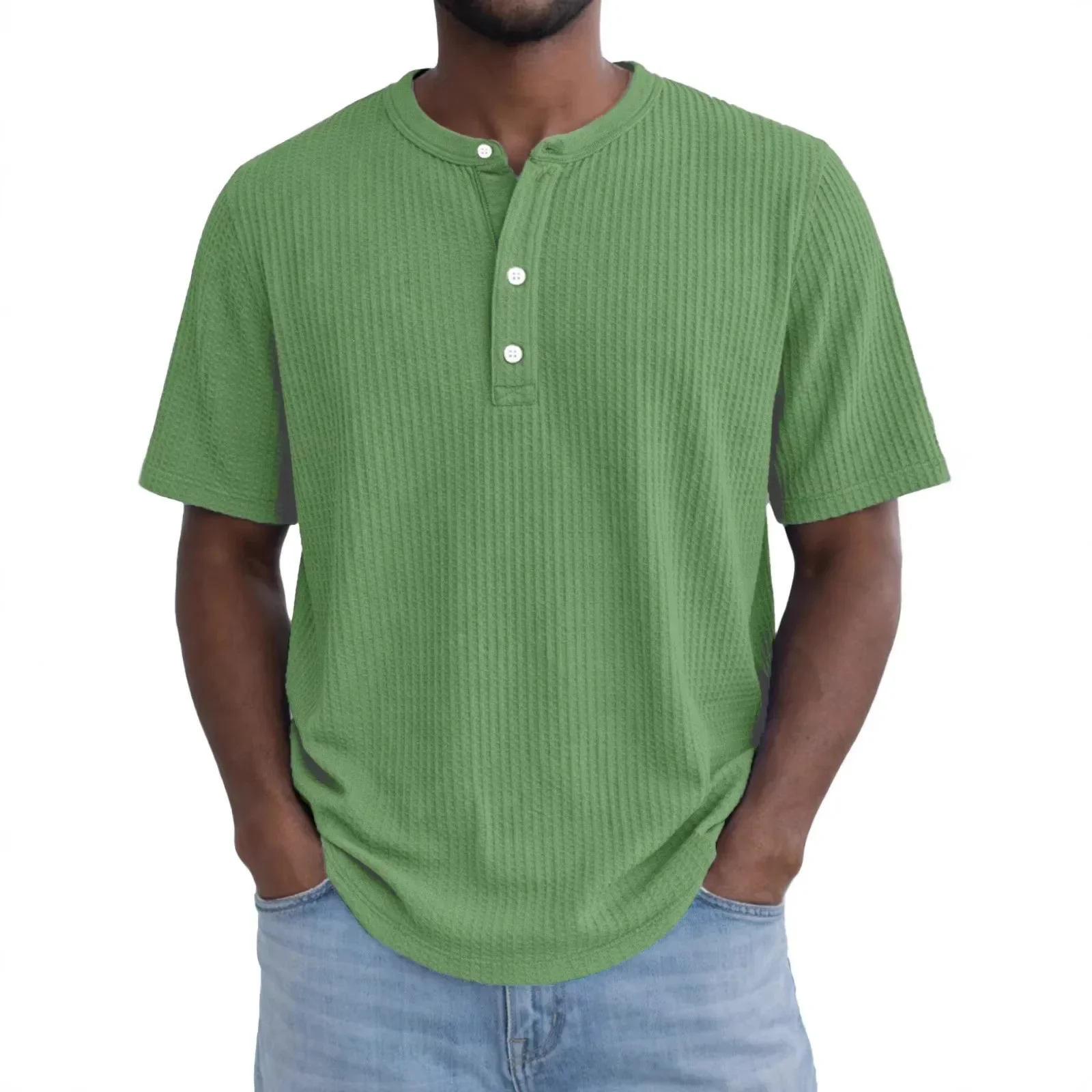 Men's Waffle Blouse Shirts Summer O-Neck Short Sleeve Button Solid Color Loose Tee Tops LRFZ-C515