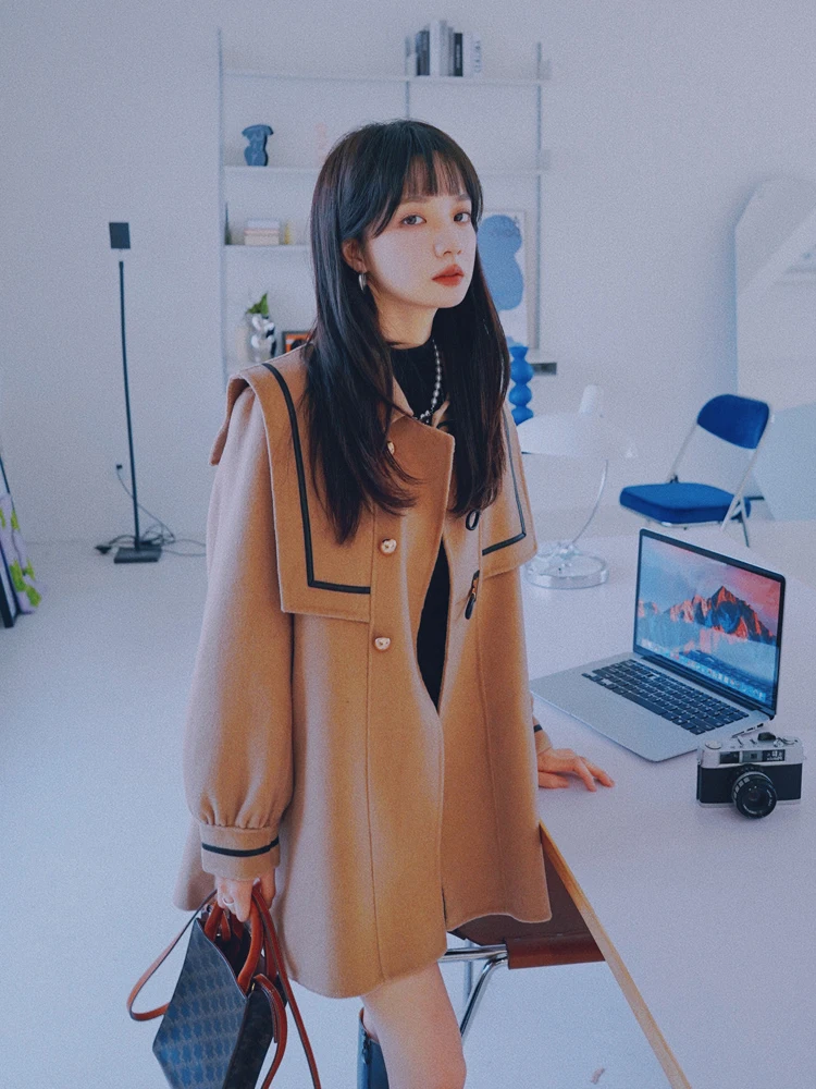 

Женское короткое шерстяное пальто с воротником-стойкой, осенне-зимнее, новинка, маленький размер, элегантное, цвета кэмел, модное