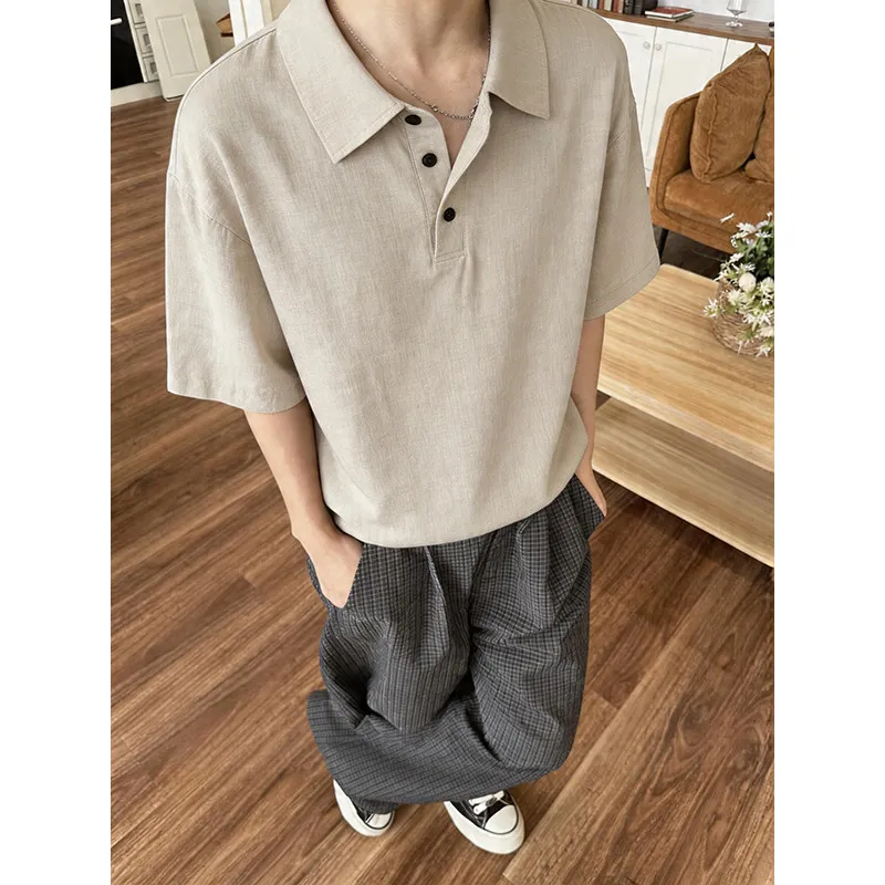 Summer Short Sleeved T-shirt Men Fashion Retro Linen T-shirt Men Streetwear Korean Loose Lapel T-shirt Mens Top Large Size 4XL