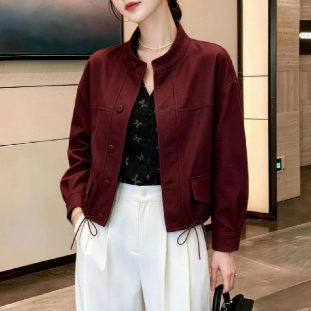 Damen Herbstjacke mit Stehkragen, kurze, dünne, elegante, schlichte Arbeitskleidung, lässiger Langarm-Crop-Top, lockerer Mantel, modisch, einfarbig – Detail 2