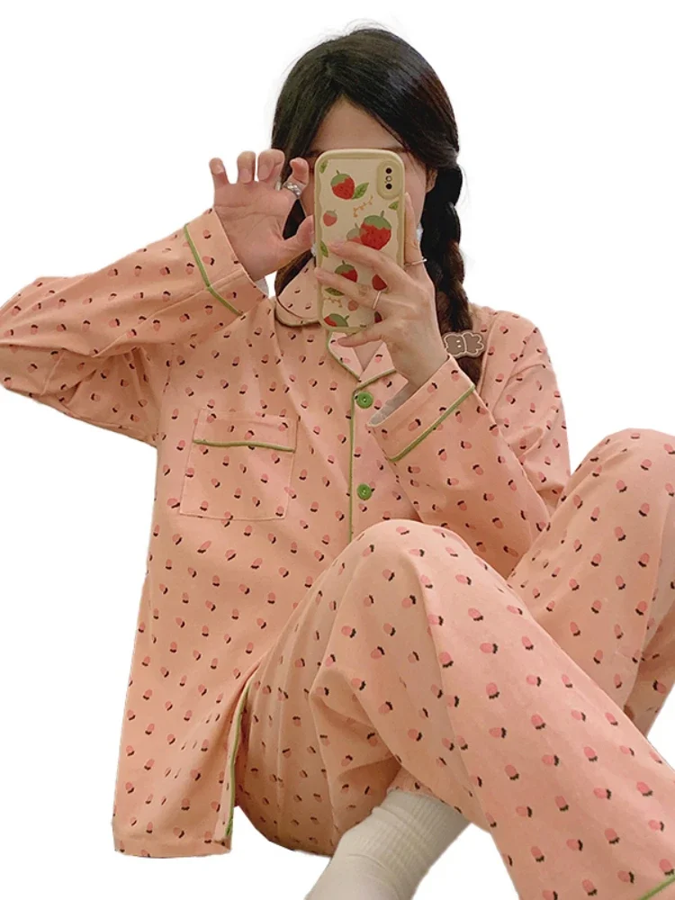 Korean Women Faux Cotton Pajamas Sets Spring Autumn Pink Heart Pijamas Female Pyjamas Kawaii Home Suit Long Sleeves Sleepwear