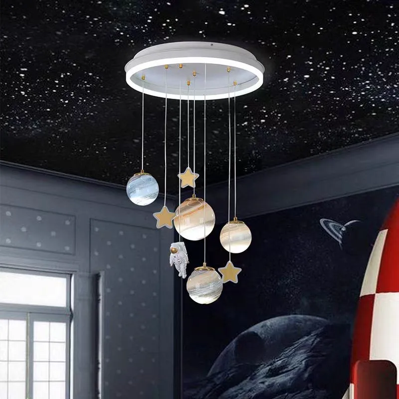 Round kids ceiling Chandelier planet ball spaceman lamp for Children\'s Room Living Room bedroom decor catron Moon stars Lamp