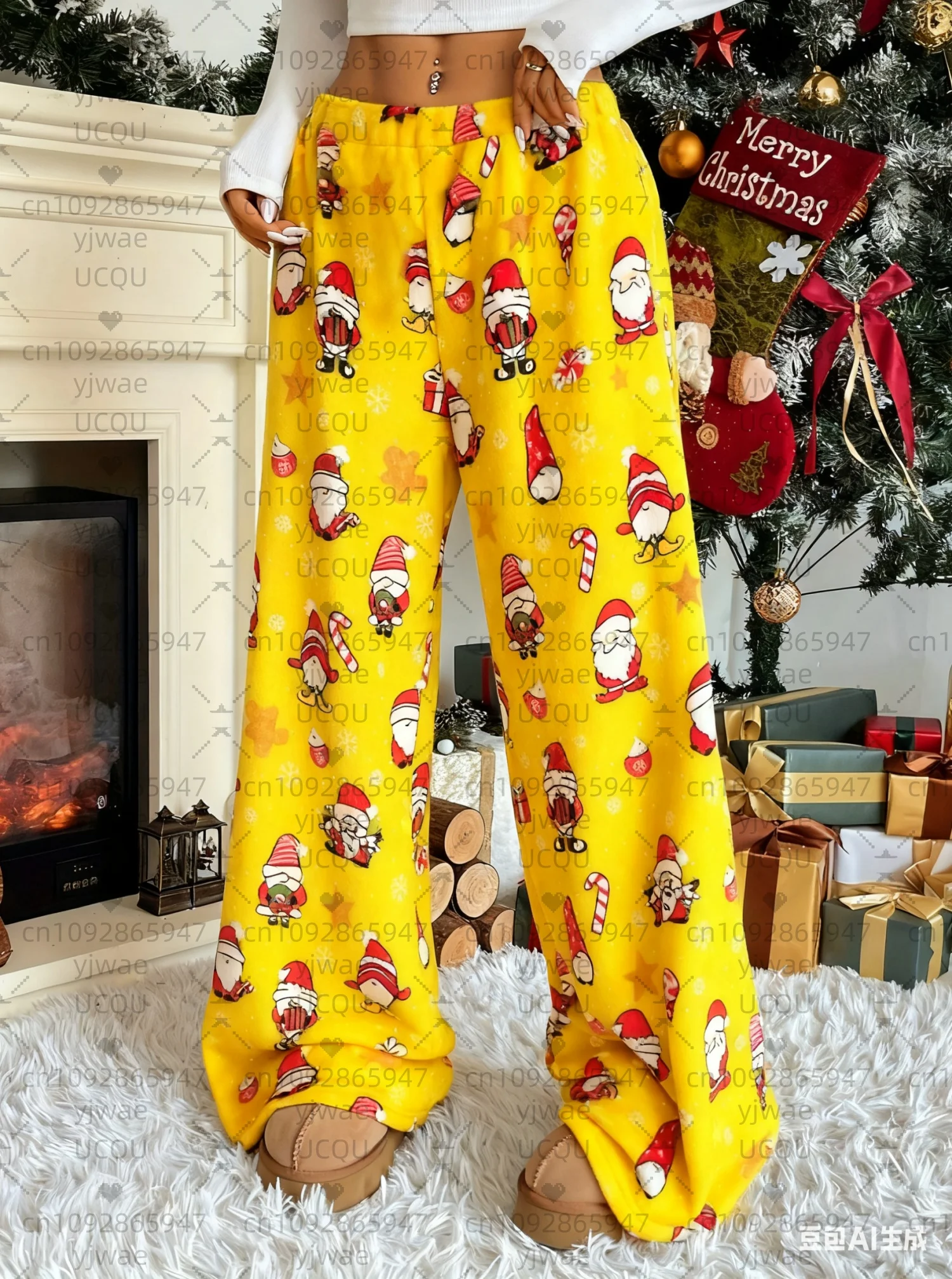 2025, Damen-Pyjamahose mit Weihnachts- und Weihnachtsmann-Aufdruck, lockere Plüschhose – lockere Pyjama-Hose mit Farbblockierung, Damenbekleidung