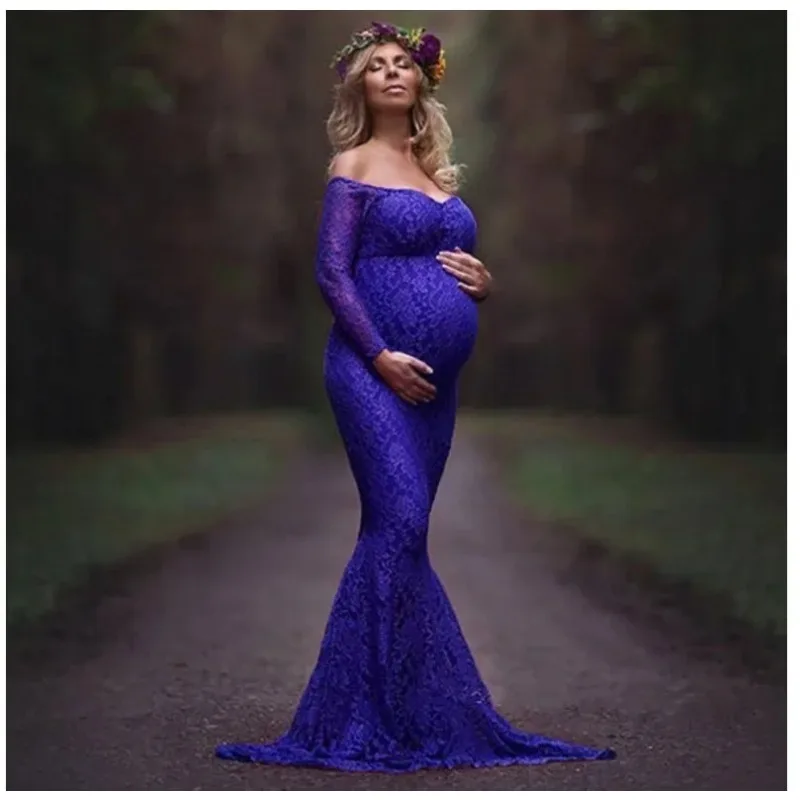 

Кружевное платье для беременных с длинным рукавом на одно плечо, женское платье в полный рост с ампирной талией до щиколотки, стандартного кроя