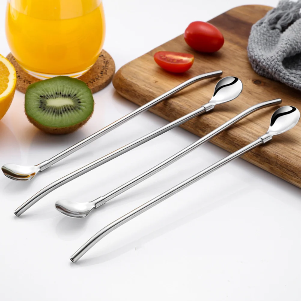 

6pcs Stainless Steel Spoon Straw Multi-Function Mixing Stirring Tool For Ice Cream Watermelon Cocktail Dessert Home Bar Use