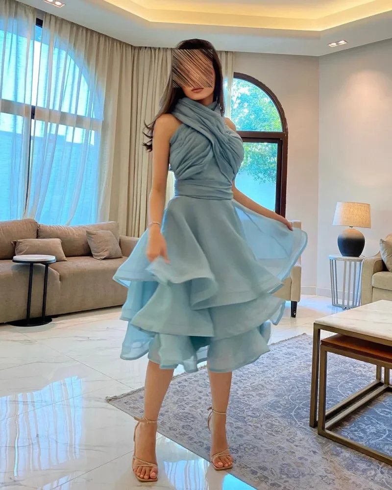 Merida Elegant Party Dresses For Women 2024 Strapless Sleeveless Ruffle Cross Halter Tulle Multilayer Skirt Midi Dress (Tiffany)