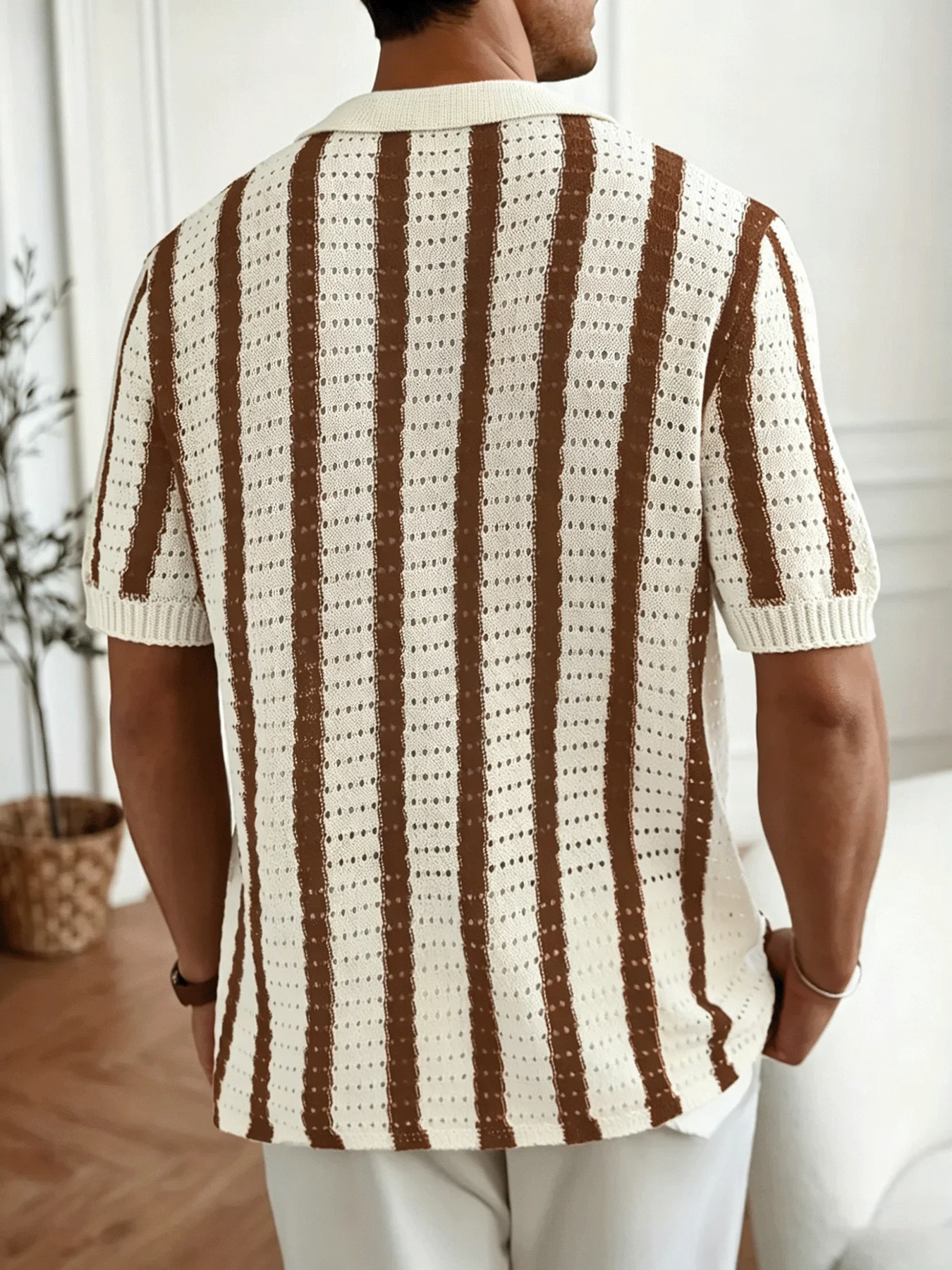 Men's Striped Knit Polo Shirt Short Sleeve Button Down Cardigan V-Neck Hollow Out Retro Casual Top Summer Old Money Style