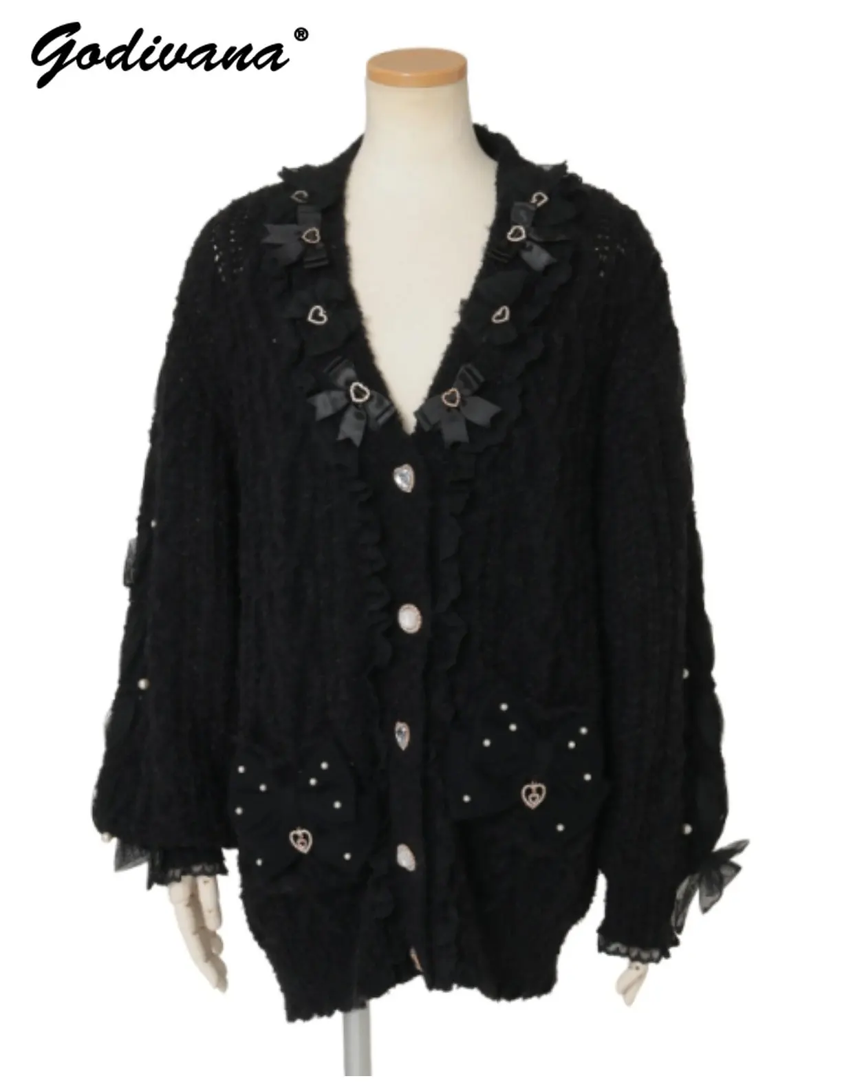 

Японский массовый трикотажный кардиган Liz для девочек и женщин, в стиле Лолита, с пуговицами в виде сердечек, большим бантом, свободный свитер-жакет