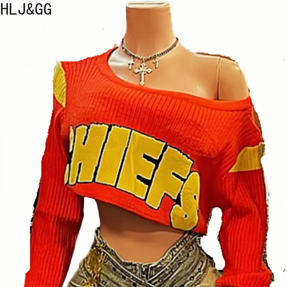 HLJ&GG Red Retro Letter Print Knitting Sweater 3 Piece Sets Women Round Neck Long Sleeve Crop Top And Denim Mini Skirts Outfits