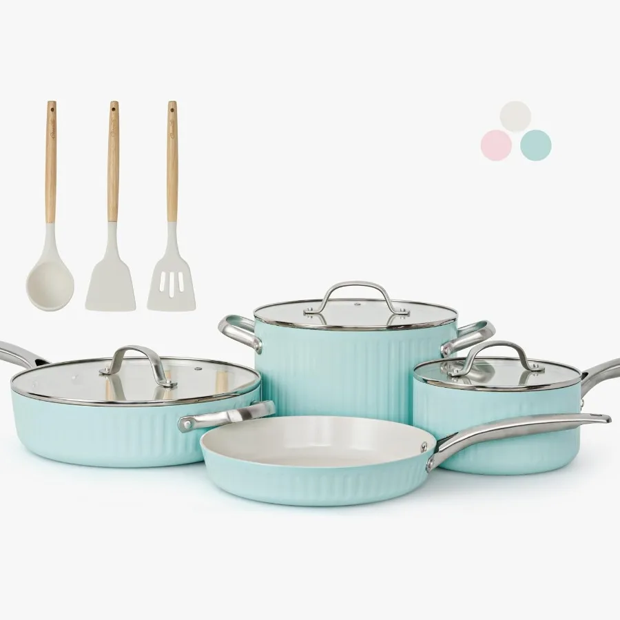 

10Pcs Nonstick Cookware Set with TriPly Construction and Ceramic Coating for Efficient Cooking Featuring StayCool Ergonomic Han