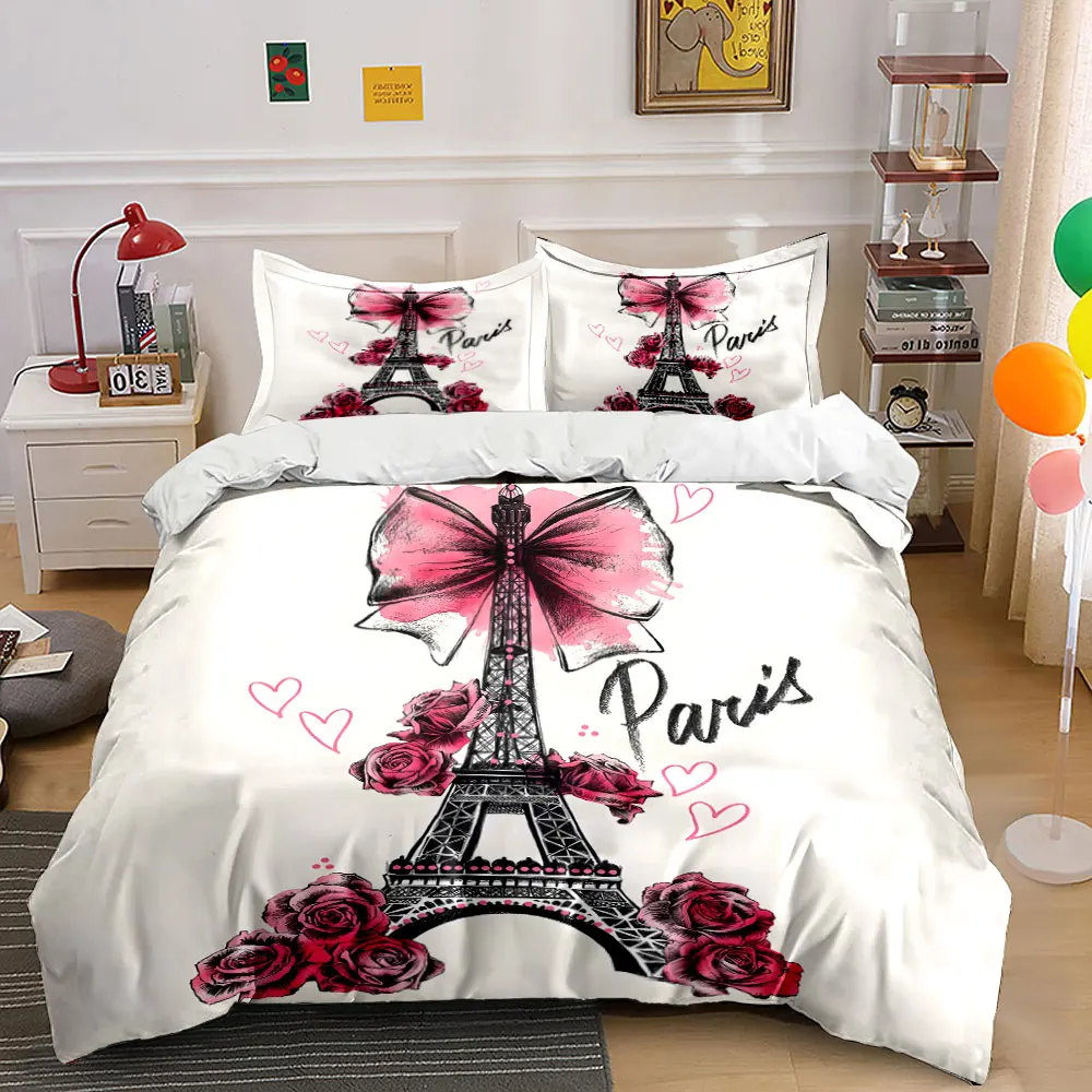 Eiffel Tower adorned with pink bow and roses Pattern Duvet Cover Set Digital Print Colorful Polyester Bedding with Zipper Closur