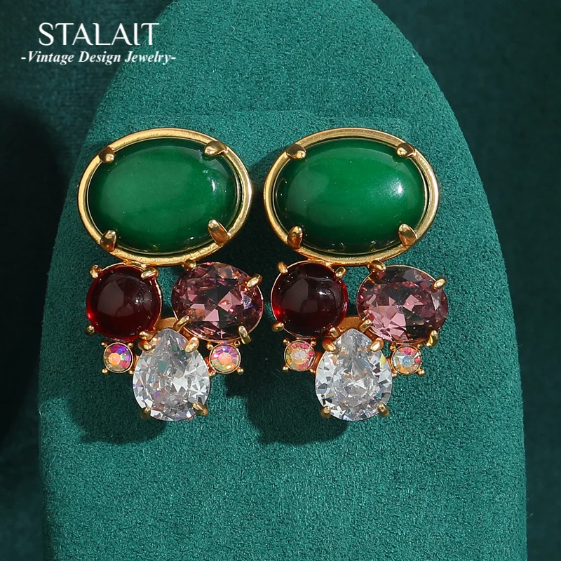 

Crystal Earrings Stone For Woman Vintage Oval Emerald Green Glass Pink White Zircon Antique Luxury Designer Jewelry 2025