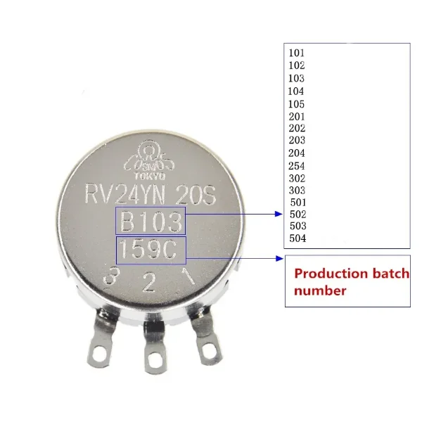 RV24YN20S Single-turn Carbon Film Potentiometers B201/501/102/202/502/103/203/503/104/200/504/105/200R/500R 1K/2K/5K/10K/20K/50K