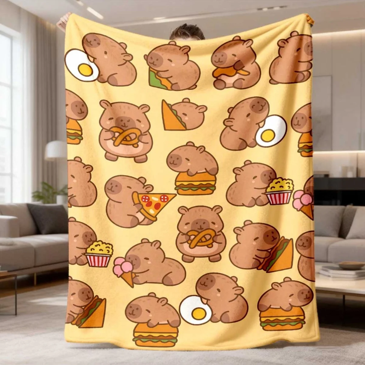 Cute Capybara Eating Food Blanket Hamburger Ice Cream Popcorn Pattern For Apartment Decor