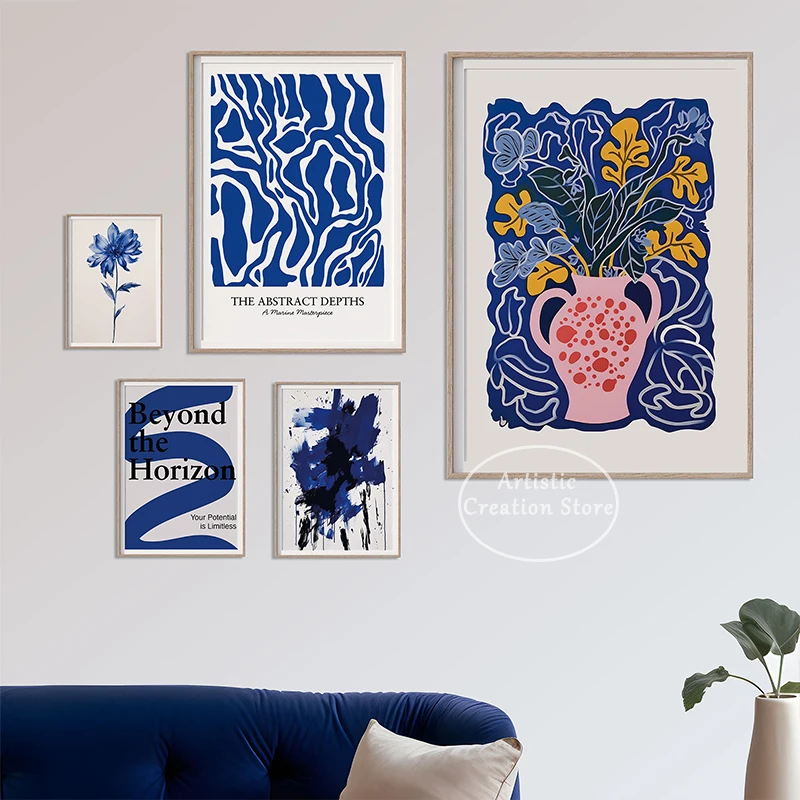 5 Piece Wall Art Minimal Exhibition Poster Abstract Cobalt Blue Art Prints Matisse Wall Canvas Painting for Nordic Home Decor