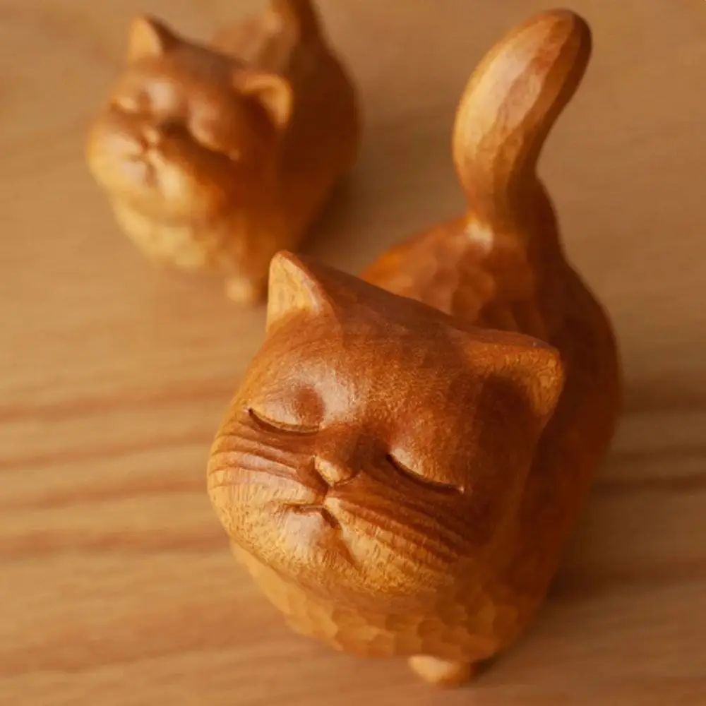 1PC Wooden Cat Ornament Mini Statues Desk Miniatures Micro-landscape Decorations Cute Cats Craft Gift