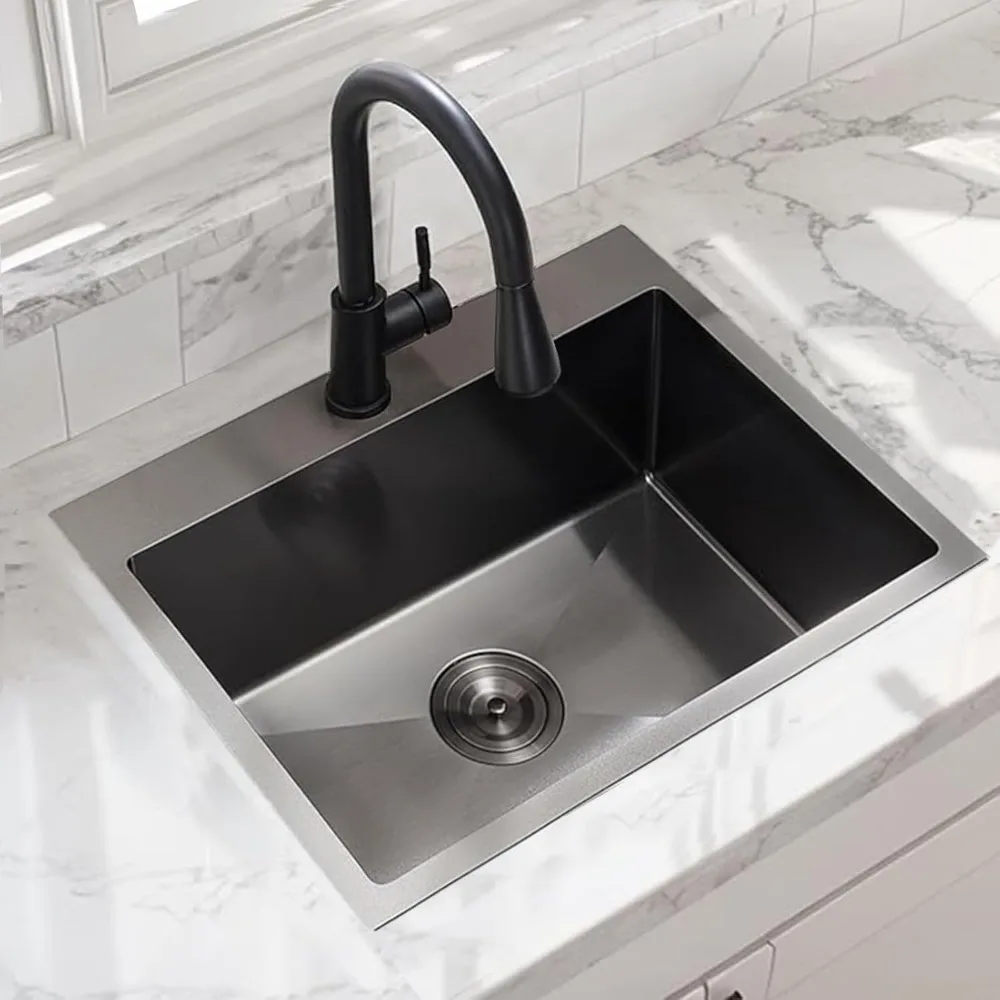 حوض مطبخ أسود مقاس 25 بوصة مع قضيب من الفولاذ المقاوم للصدأ للاستخدام الخارجي في أدوات الغسيل RV #6