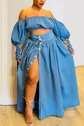 Women's Plus Size Casual Off The Shoulder Split Button Two Pieces Demin Skirt Set Lantern Sleeve Vintage Crop Top Matching Set