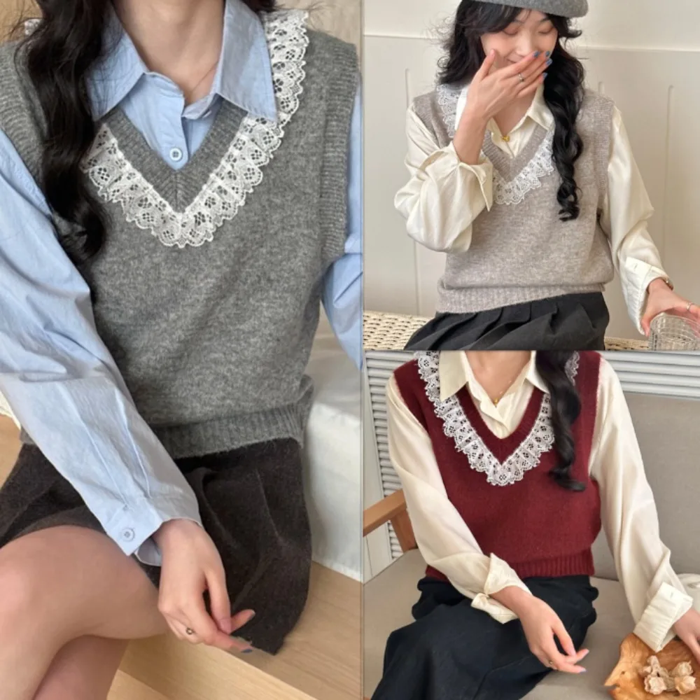 Gilet tricoté en dentelle à col en v pour femmes, pull ample sans manches de couleur unie