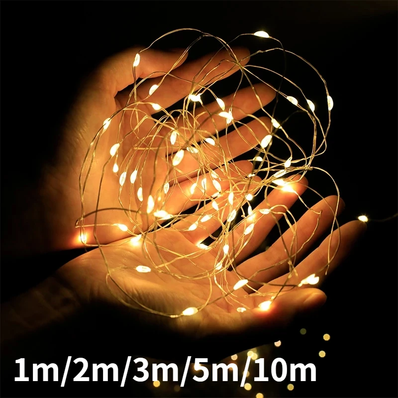 1m/2m/3m/10m LED Outdoor Light String Fairy Garland Battery Power Copper Wire Lights For Christmas Festoon Party Wedding