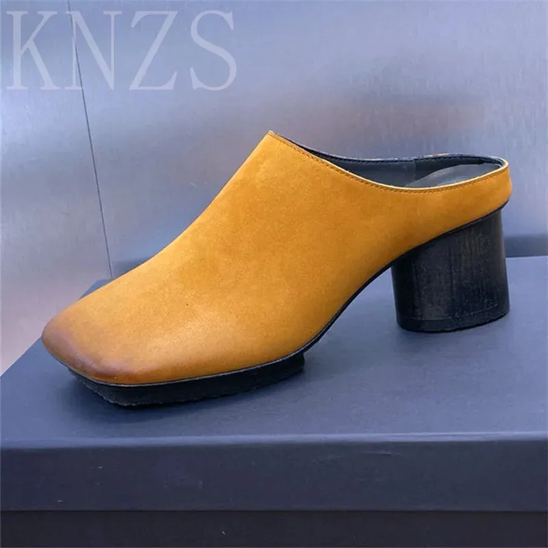 

Summer New Square Toe Chunky Heel Women's Slippers Thick Sole Flat High Heels Slippers Real Leather Fashion Casual Slippers 2024