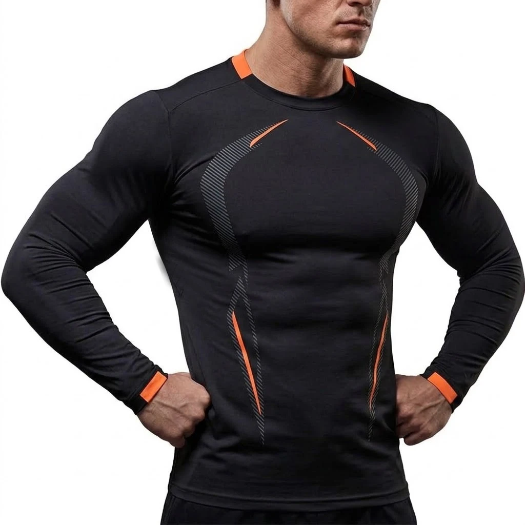 Herren-Langarmshirt, schnelltrocknend, sportlich, für Fitnessstudio, Workout, eng anliegend, schmal geschnitten, atmungsaktiv, für Bodybuilding und Sport. – Detail 6