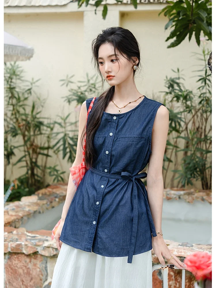

Blue Denim Svel Vest Women's Summer New Sle Outerwear Branch Roll Beautiful Unique Design Commute Sle Cotton Blend