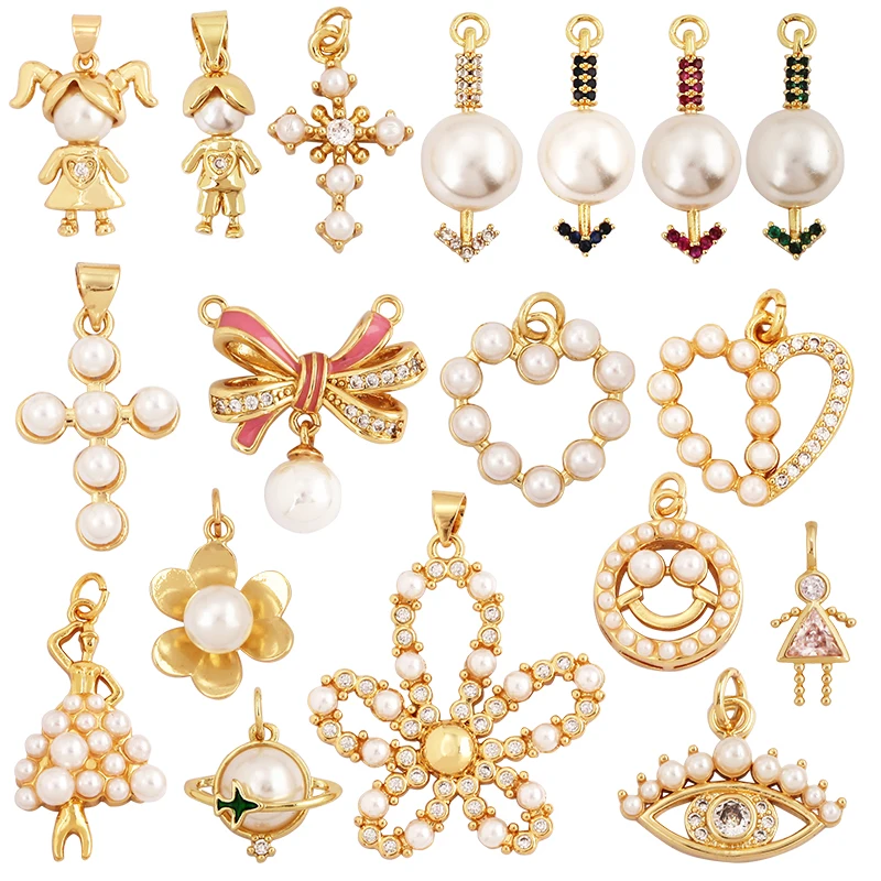 

Cross Smiling Face Heart Flower Pearl CZ Zircon 18K Gold Charm Pendant,Bracelet Necklace Attachment Jewelry Findings Supply L36
